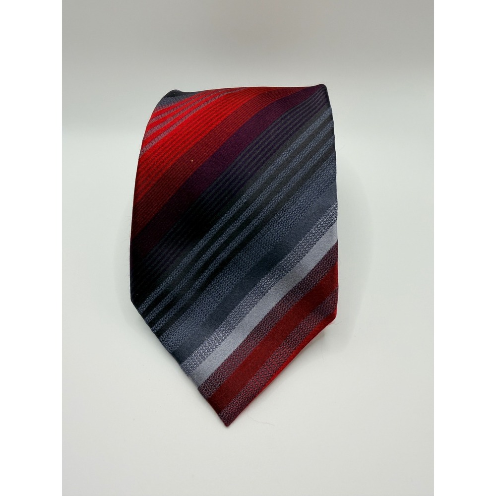 Kenneth Cole Reaction Mens Silk Tie Red Grey Black Striped Necktie RN 121148